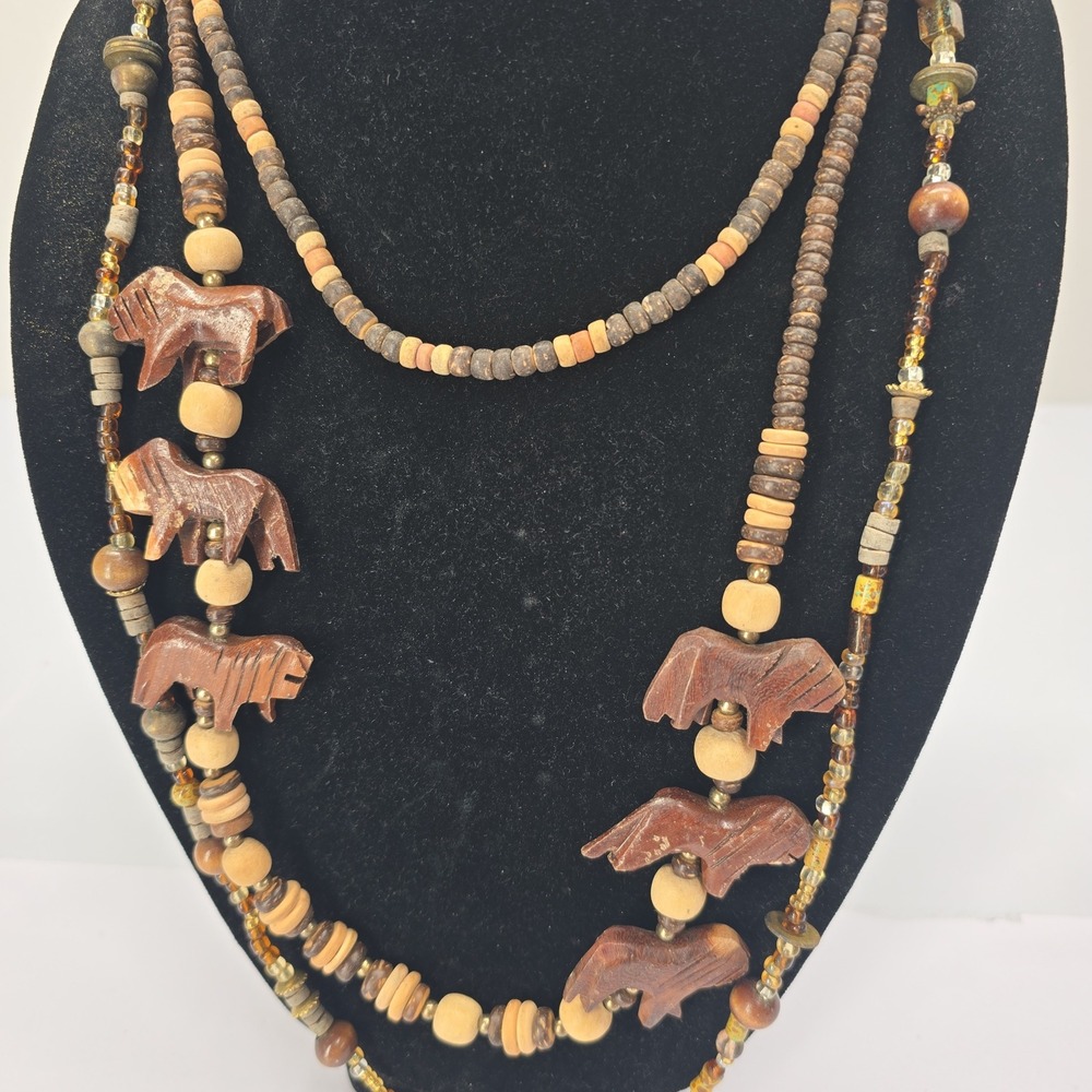 Hand Carved Wood Lion Bead Layered Necklace Brown Tan Earthy Boho Safari Style - Picture 2 of 5